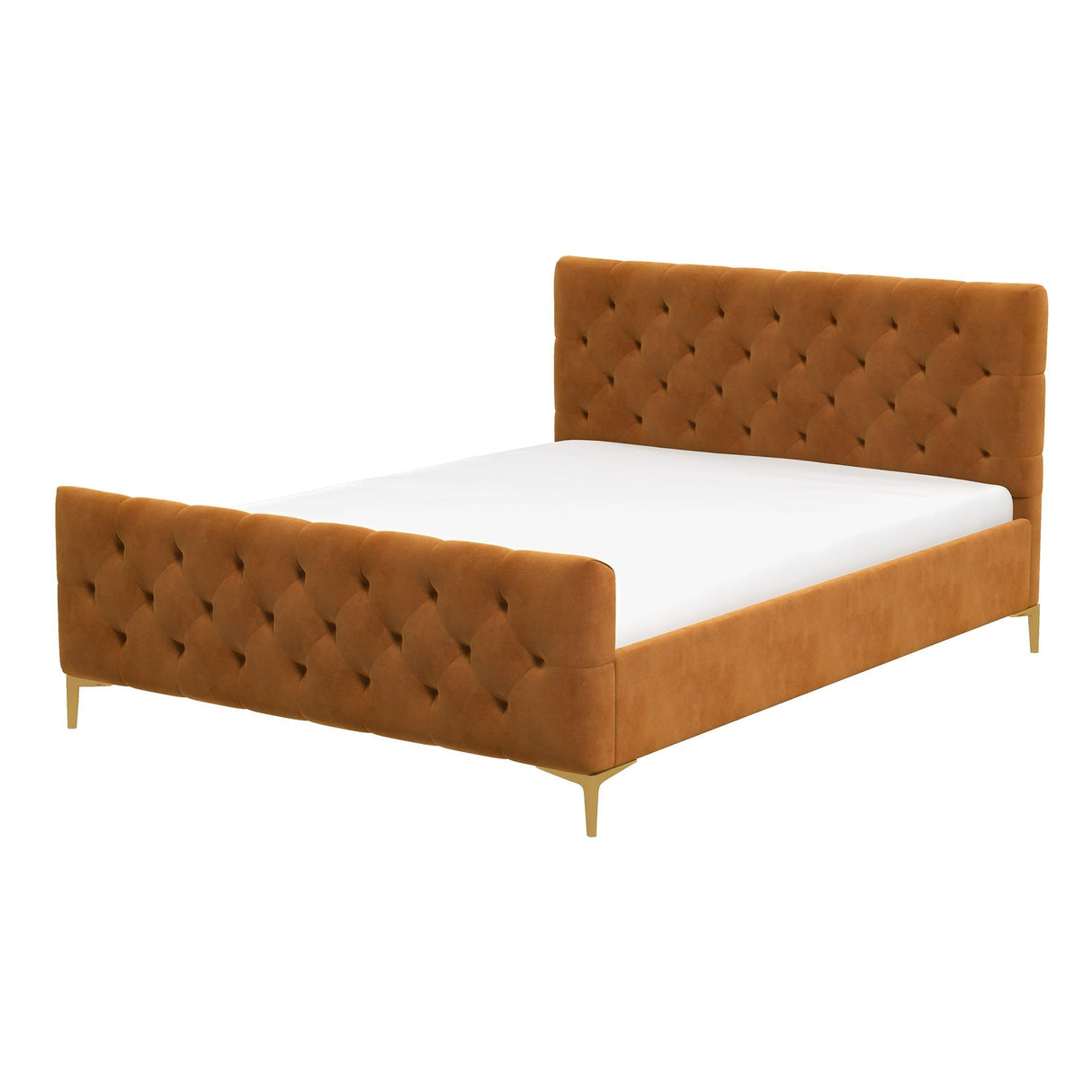 The Bailey - Elegant Design Bed is a mustard-colored, tufted velvet bed with a tall headboard and footboard. It boasts gold-toned legs, a white mattress, and offers a modern, elegant appearance.