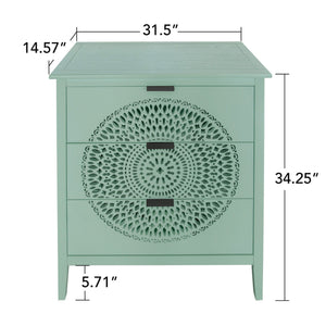 3 Drawer Storage Cabinet With Hollow Carved Design And Metal Handles, Chest For Entryway, Living Room Or Bedroom - Light Green by Couch.com