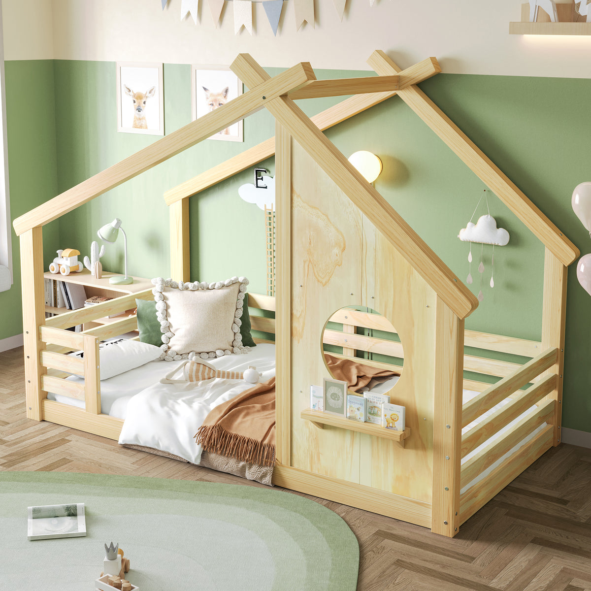Twin House Floor Bed with Window and a Small Shelf, Solid Wood Floor Bed with House-Style Roof, No Box Spring Needed, Natural