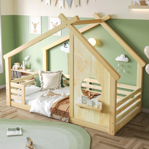 Twin House Floor Bed with Window and a Small Shelf, Solid Wood Floor Bed with House-Style Roof, No Box Spring Needed, Natural