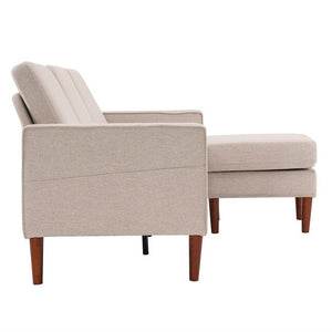 Side view of the Outopee Modern Beige Linen Sectional, featuring an upholstered armchair with a matching ottoman. Both pieces have wooden legs and showcase a clean, modern design. The chair includes a slightly reclined backrest for added comfort.