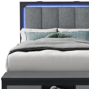 Black and Gray Wood And Upholstery Lighted Upholstered Full Bed Frame With USB And Drawers