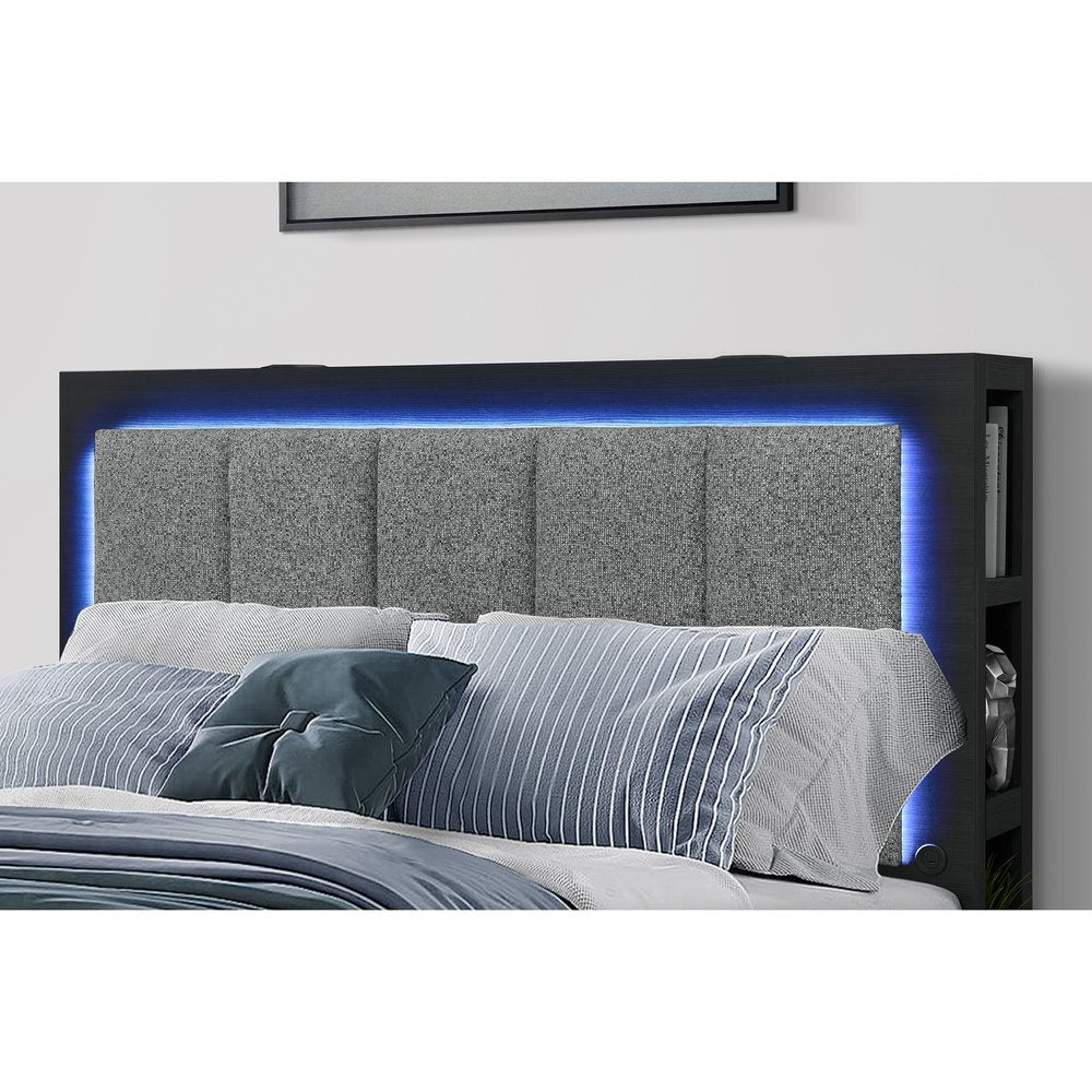 Black and Gray Wood And Upholstery Lighted Upholstered Full Bed Frame With USB And Drawers