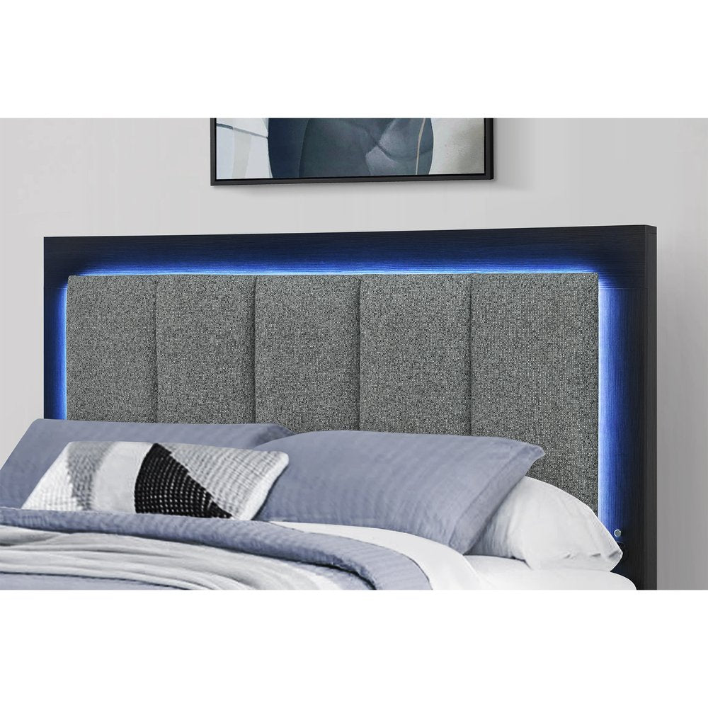 Black and Gray Wood And Upholstery Lighted Upholstered Full Bed Frame With USB And Drawers