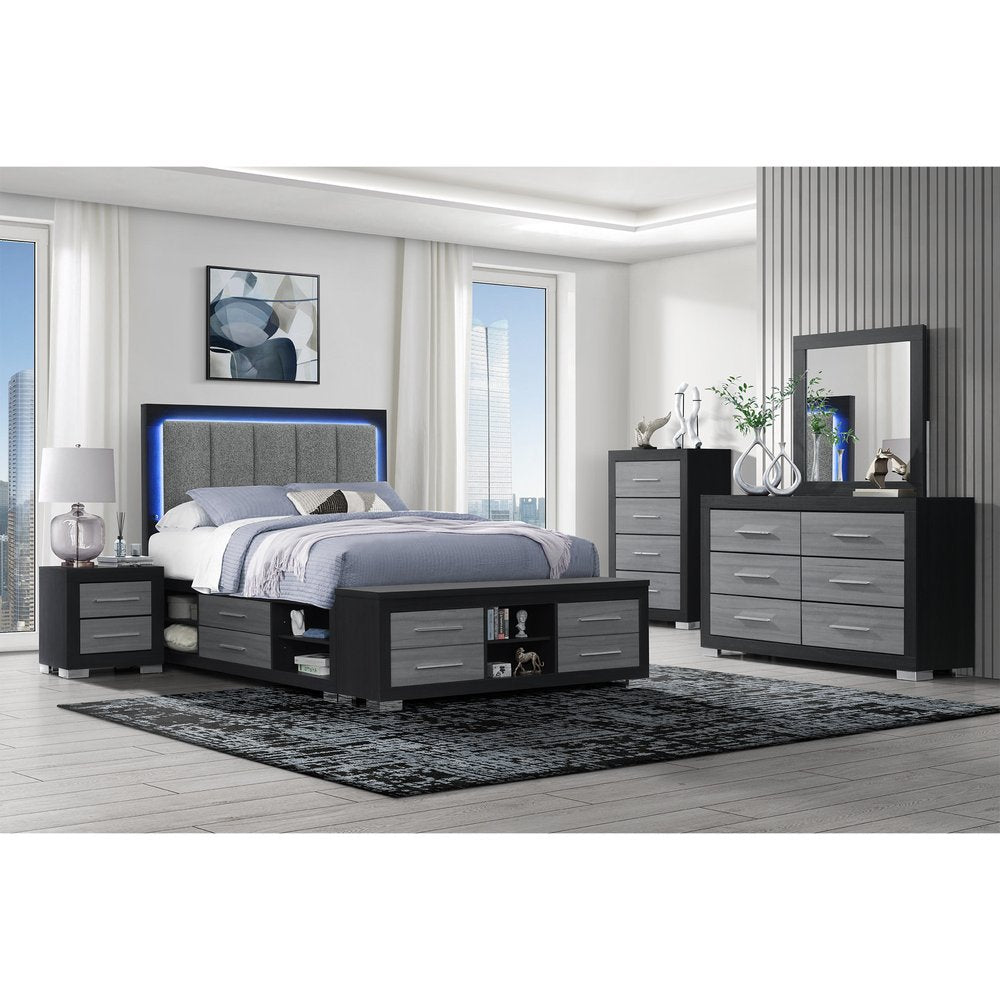 Black and Gray Wood And Upholstery Lighted Upholstered Full Bed Frame With USB And Drawers