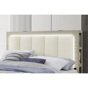 Natural White and Beige Wood And Upholstery Lighted Upholstered Full Bed Frame With USB And Drawers
