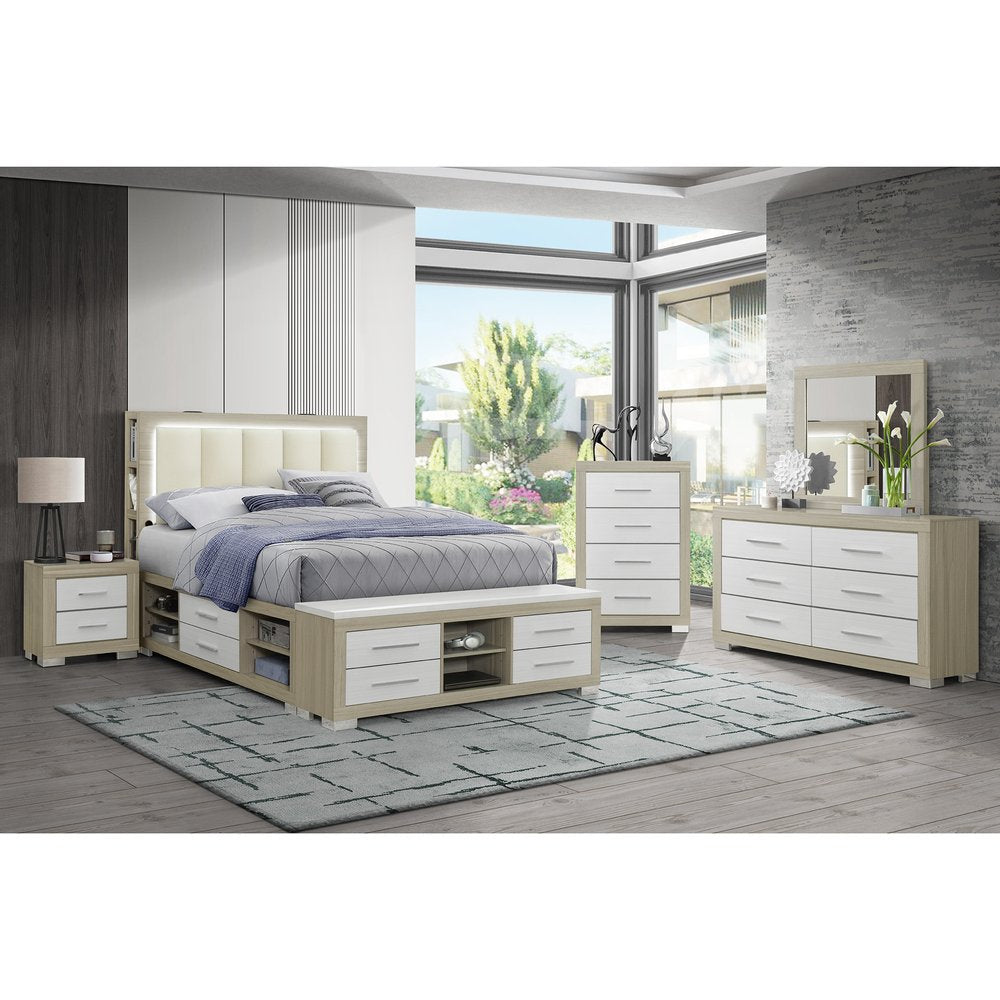 Natural White and Beige Wood And Upholstery Lighted Upholstered Full Bed Frame With USB And Drawers