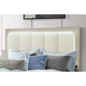 Natural White and Beige Wood And Upholstery Lighted Upholstered Full Bed Frame With USB And Drawers