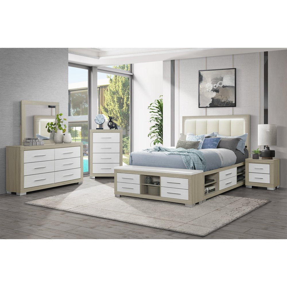 Natural White and Beige Wood And Upholstery Lighted Upholstered Full Bed Frame With USB And Drawers