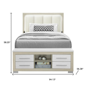 Natural White And Beige Wood And Upholstery Lighted Upholstered Full Bed Frame With USB And Drawers With Drawer, Shelf Storage