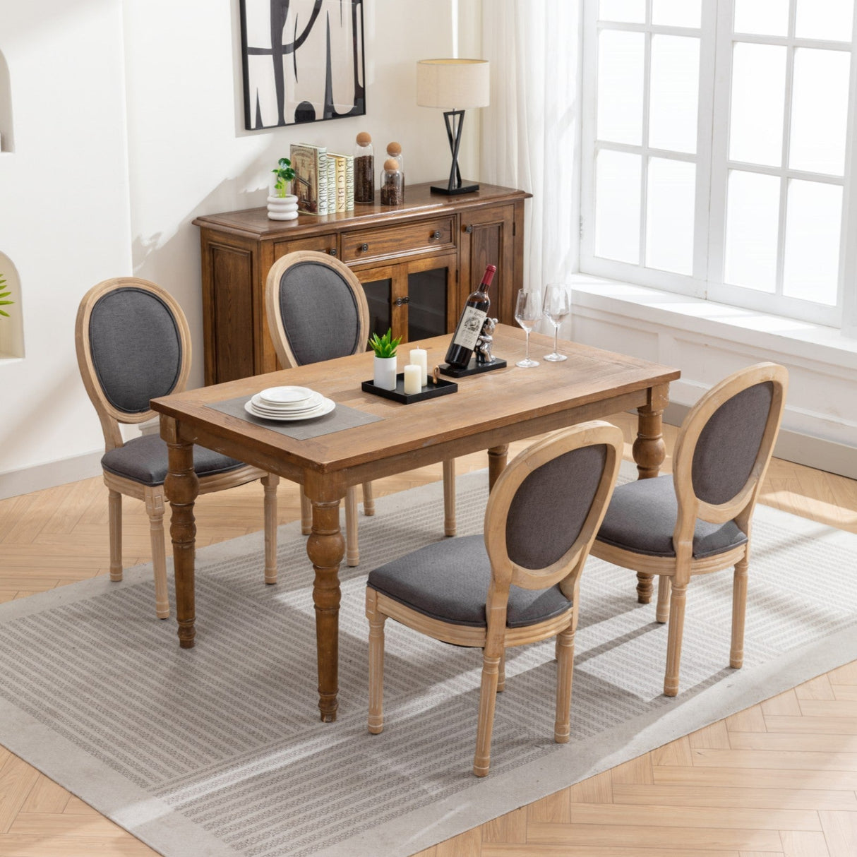 French Style Solid Wood Frame Antique Linen Dining Chair, Set of 2