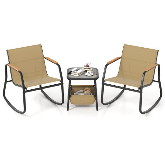 3 Piece Rocking Bistro Chairs and Side Table Set with Storage Bag-Brown