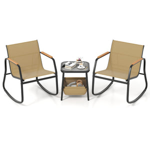3 Piece Rocking Bistro Chairs and Side Table Set with Storage Bag-Brown