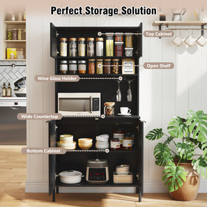 64.5 Inches Tall Kitchen Pantry Cabinet with Charging Station and Wine Glass Rack-Black