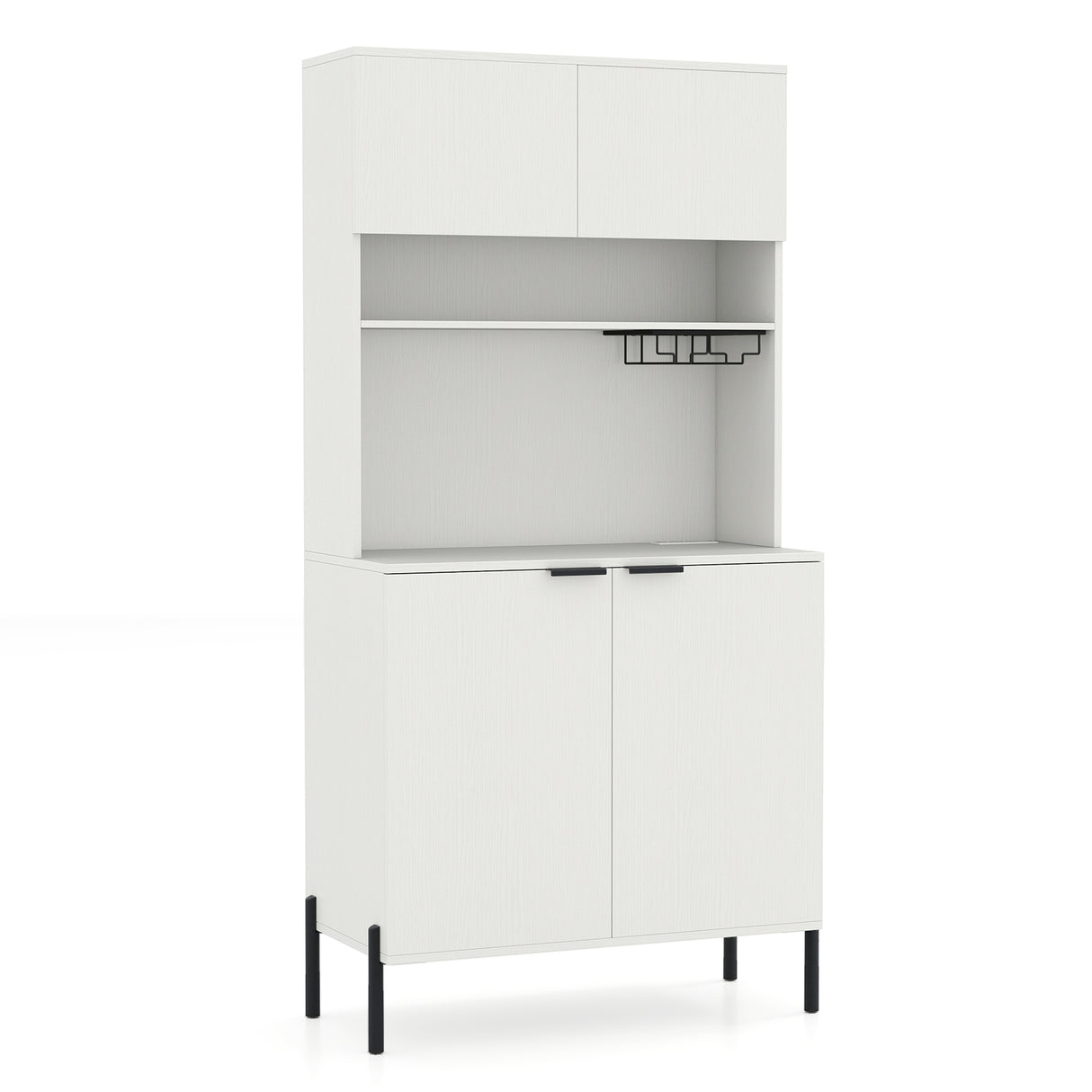 64.5 Inches Tall Kitchen Pantry Cabinet with Charging Station and Wine Glass Rack-White