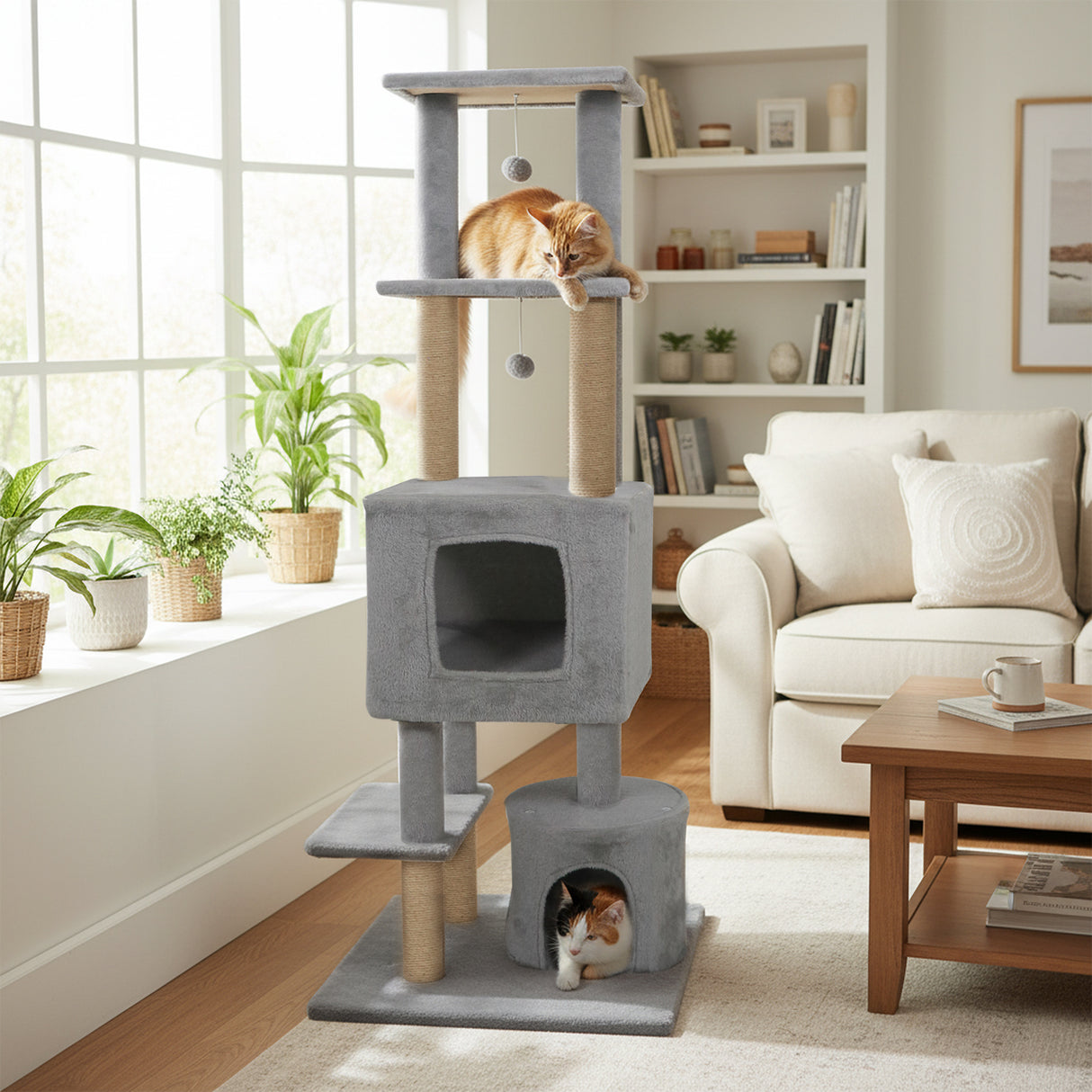 64 Inch Tall Cat Tree with 2 Large Condos and Jute Scratching Posts for Indoor Adult Cats-Light Grey