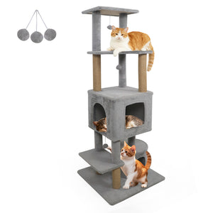 64 Inch Tall Cat Tree with 2 Large Condos and Jute Scratching Posts for Indoor Adult Cats-Light Grey