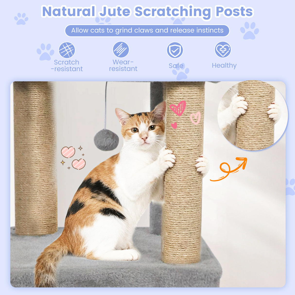 64 Inch Tall Cat Tree with 2 Large Condos and Jute Scratching Posts for Indoor Adult Cats-Light Grey