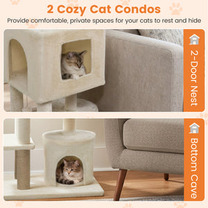 64 Inch Tall Cat Tree with 2 Large Condos and Jute Scratching Posts for Indoor Adult Cats-Beige