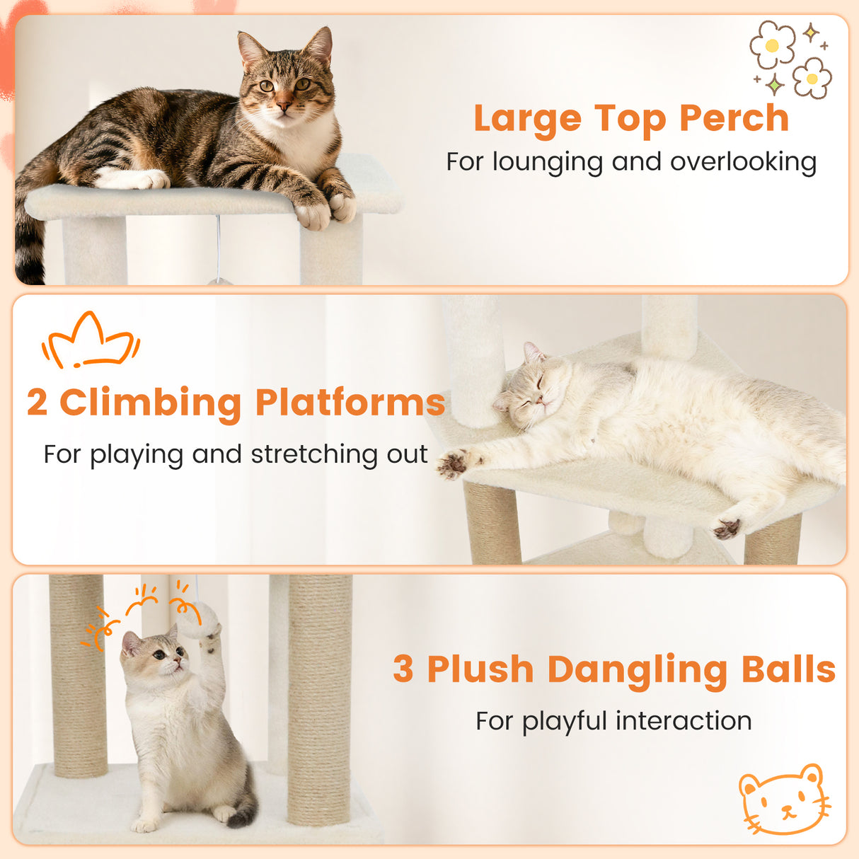 64 Inch Tall Cat Tree with 2 Large Condos and Jute Scratching Posts for Indoor Adult Cats-Beige