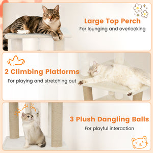 64 Inch Tall Cat Tree with 2 Large Condos and Jute Scratching Posts for Indoor Adult Cats-Beige