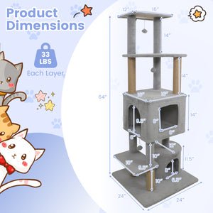 64 Inch Tall Cat Tree with 2 Large Condos and Jute Scratching Posts for Indoor Adult Cats-Light Grey