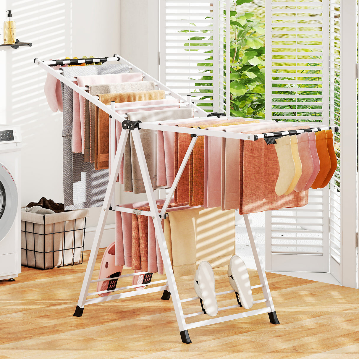 64 Inches Clothes Drying Rack with Height Adjustable Wings-White
