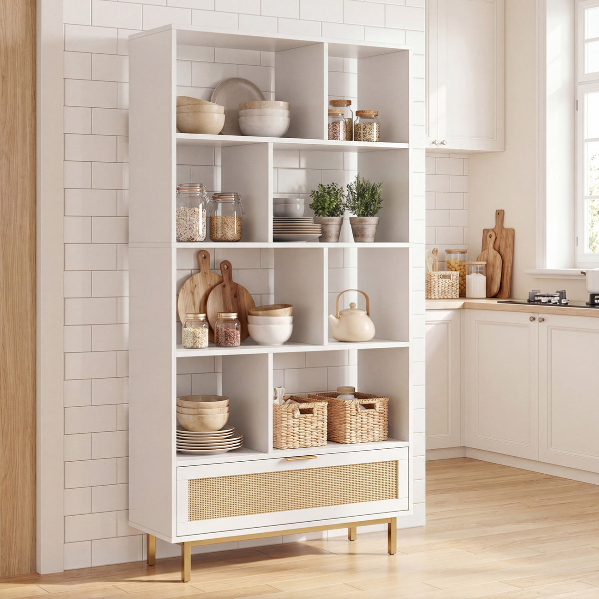 64 inch 6-Tier Tall Wooden Bookcase with 8 Open Cubes-White