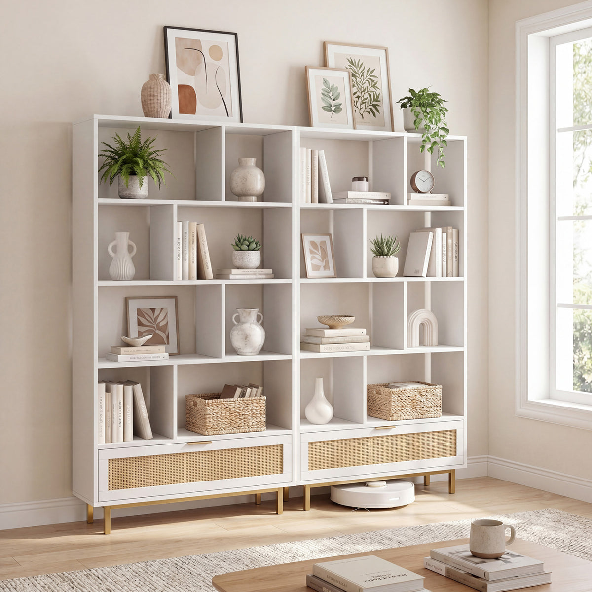 64 inch 6-Tier Tall Wooden Bookcase with 8 Open Cubes-White