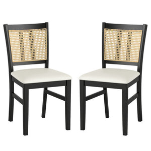 Farmhouse Rattan Dining Chair Set of 2 with Rubber Wood Legs and Cane Back-Beige