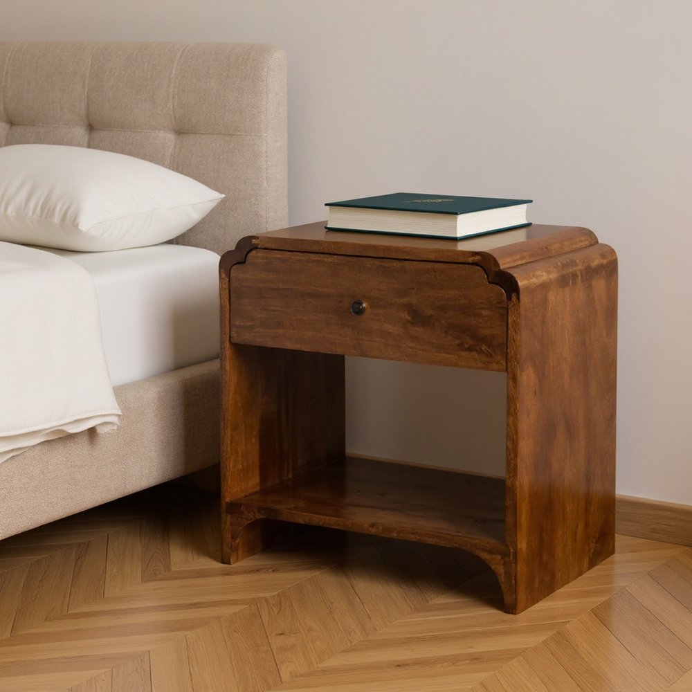 20" Brown Solid Wood Scalloped Edge One Drawer Nightstand