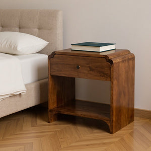 20" Brown Solid Wood Scalloped Edge One Drawer Nightstand