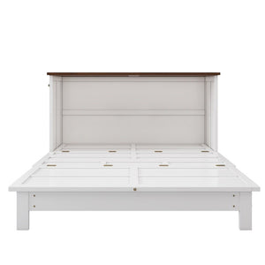 White Wood Queen Murphy Bed With USB And Drawer