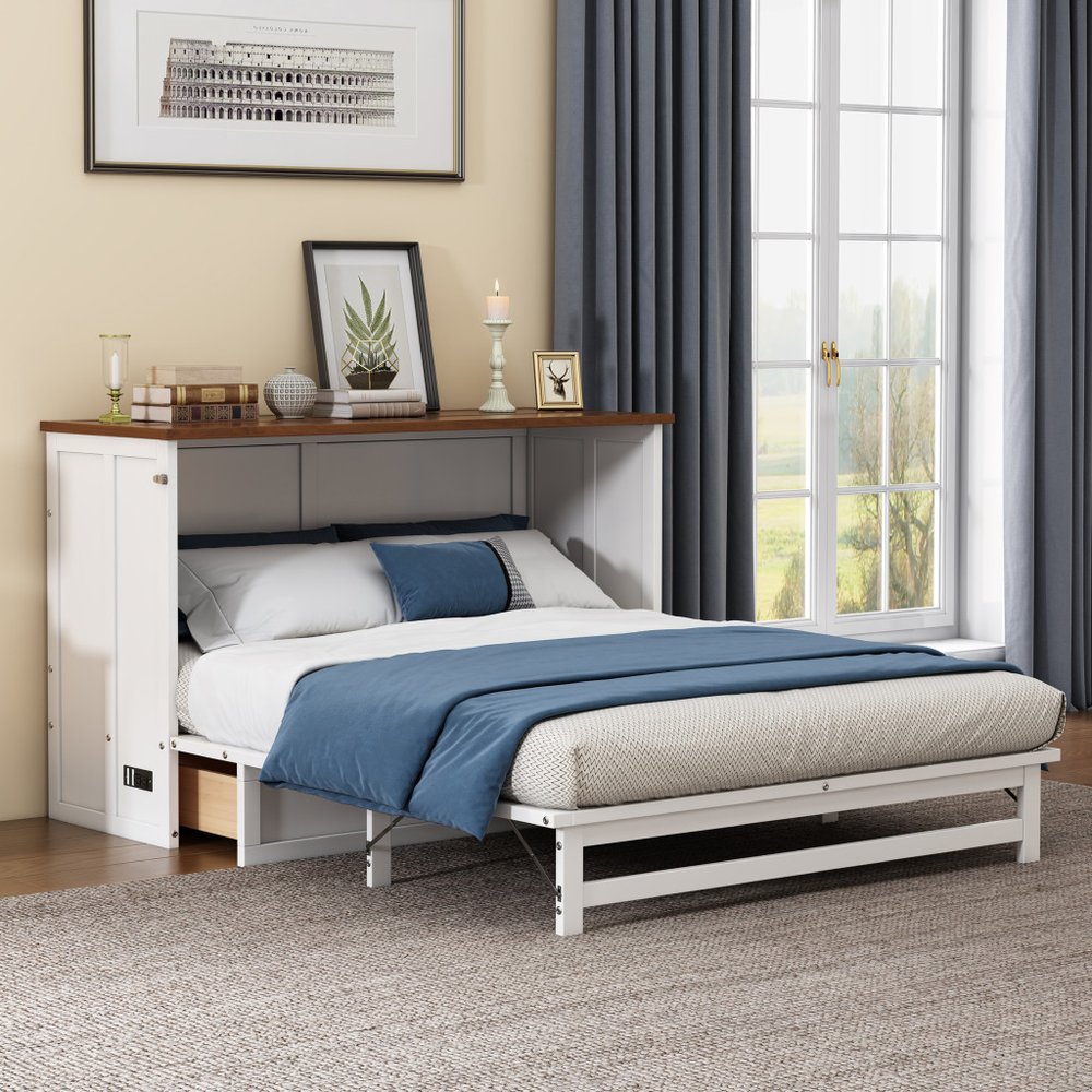 White Wood Queen Murphy Bed With USB And Drawer