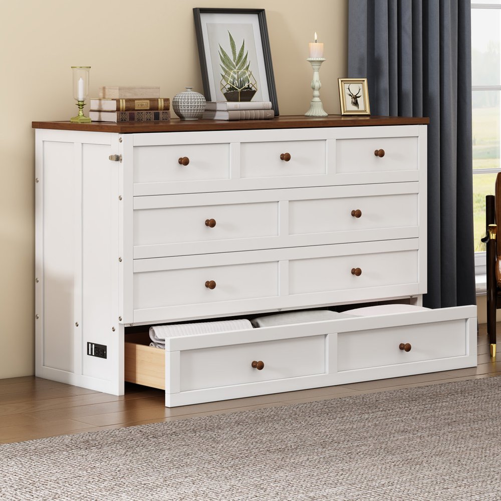 White Wood Queen Murphy Bed With USB And Drawer
