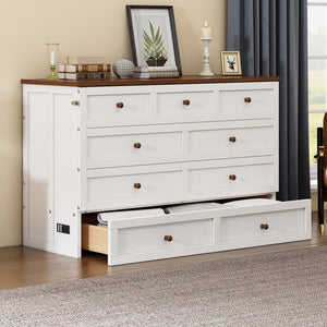 White Wood Queen Murphy Bed With USB And Drawer