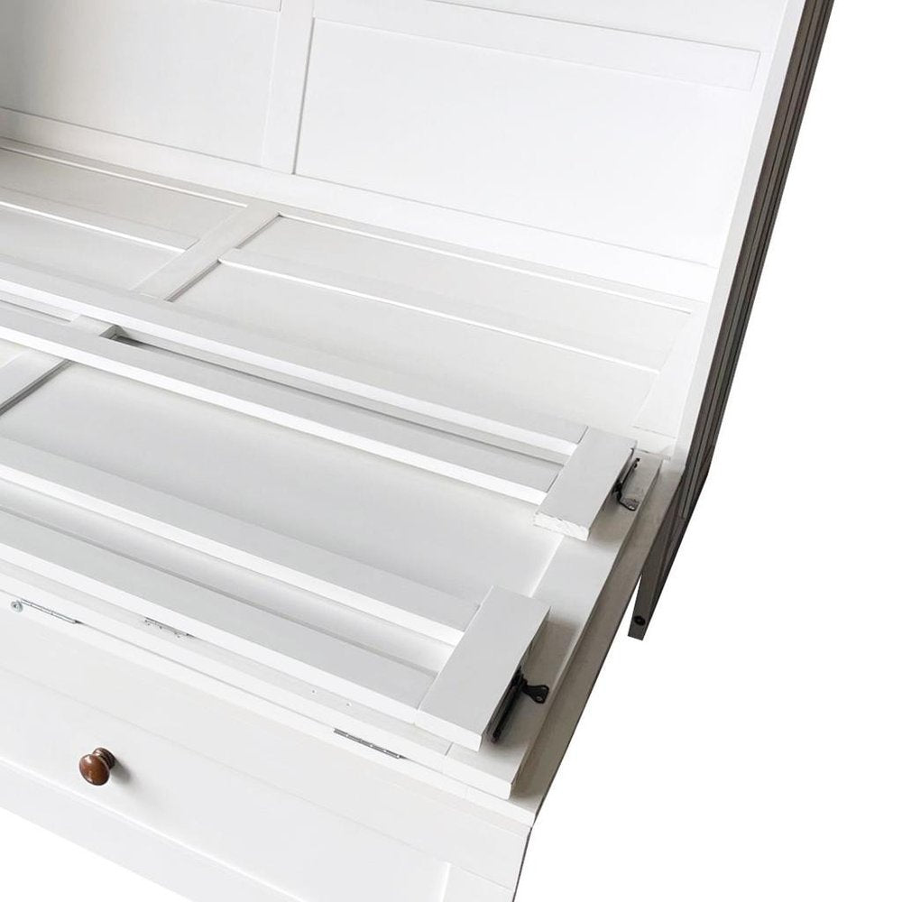 White Wood Queen Murphy Bed With USB And Drawer