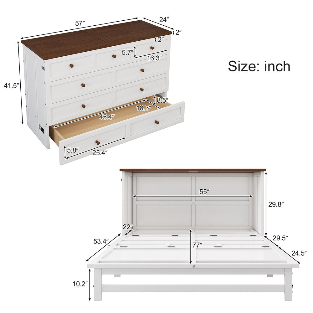 White Wood Full Murphy Bed With USB And Drawer