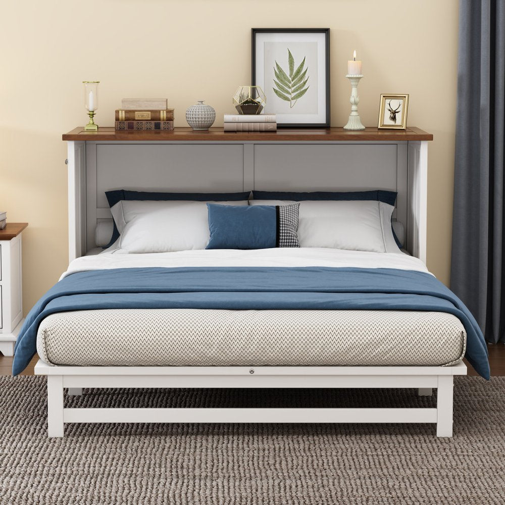 White Wood Full Murphy Bed With USB And Drawer