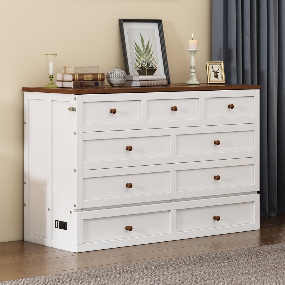 White Wood Full Murphy Bed With USB And Drawer