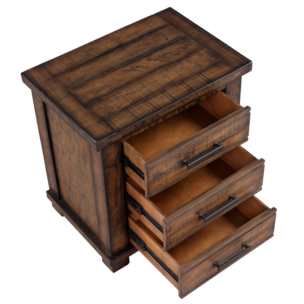 Set of Two 26" Walnut Solid Wood Distressed Three Drawer Nightstand