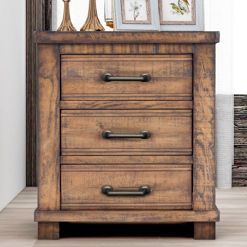26" Walnut Wood Distressed Three Drawer Nightstand