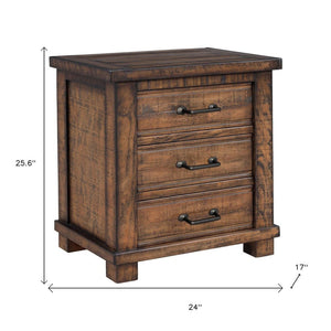 26" Walnut Wood Distressed Three Drawer Nightstand