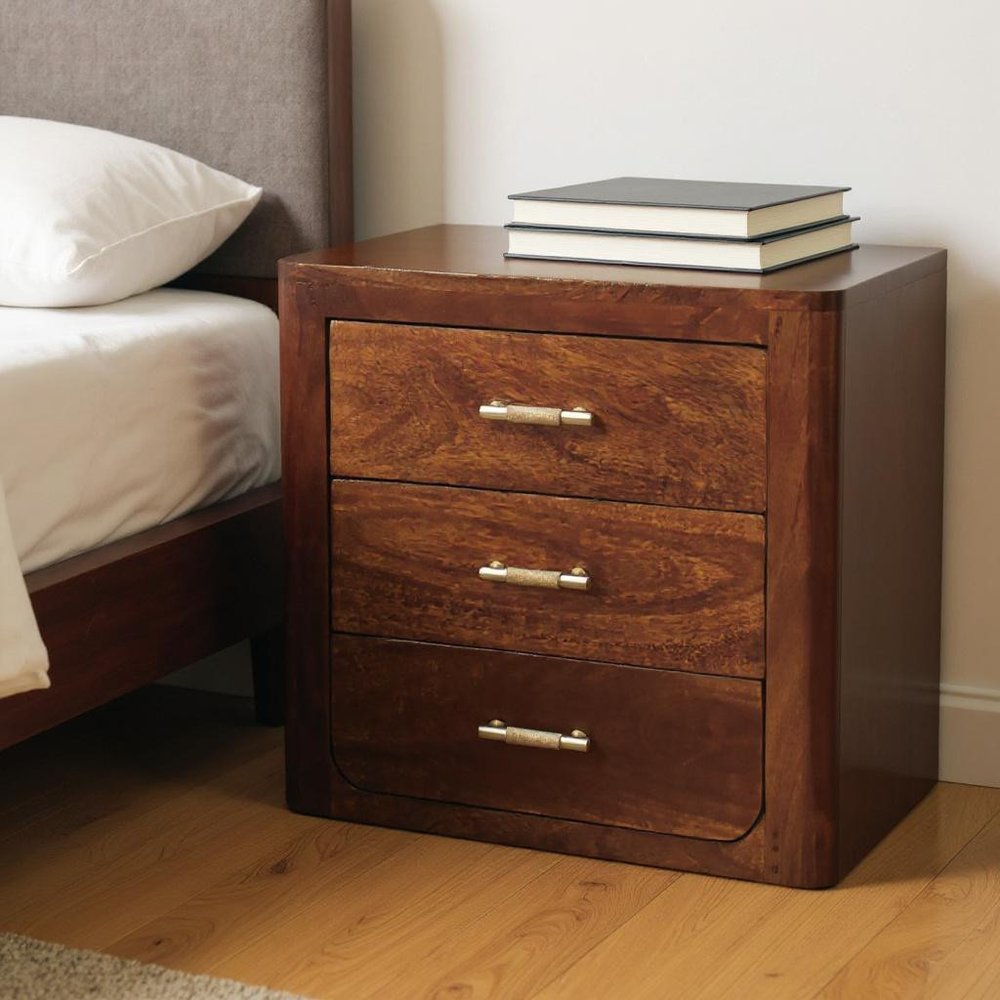18" Brown Solid Wood Three Drawer Nightstand