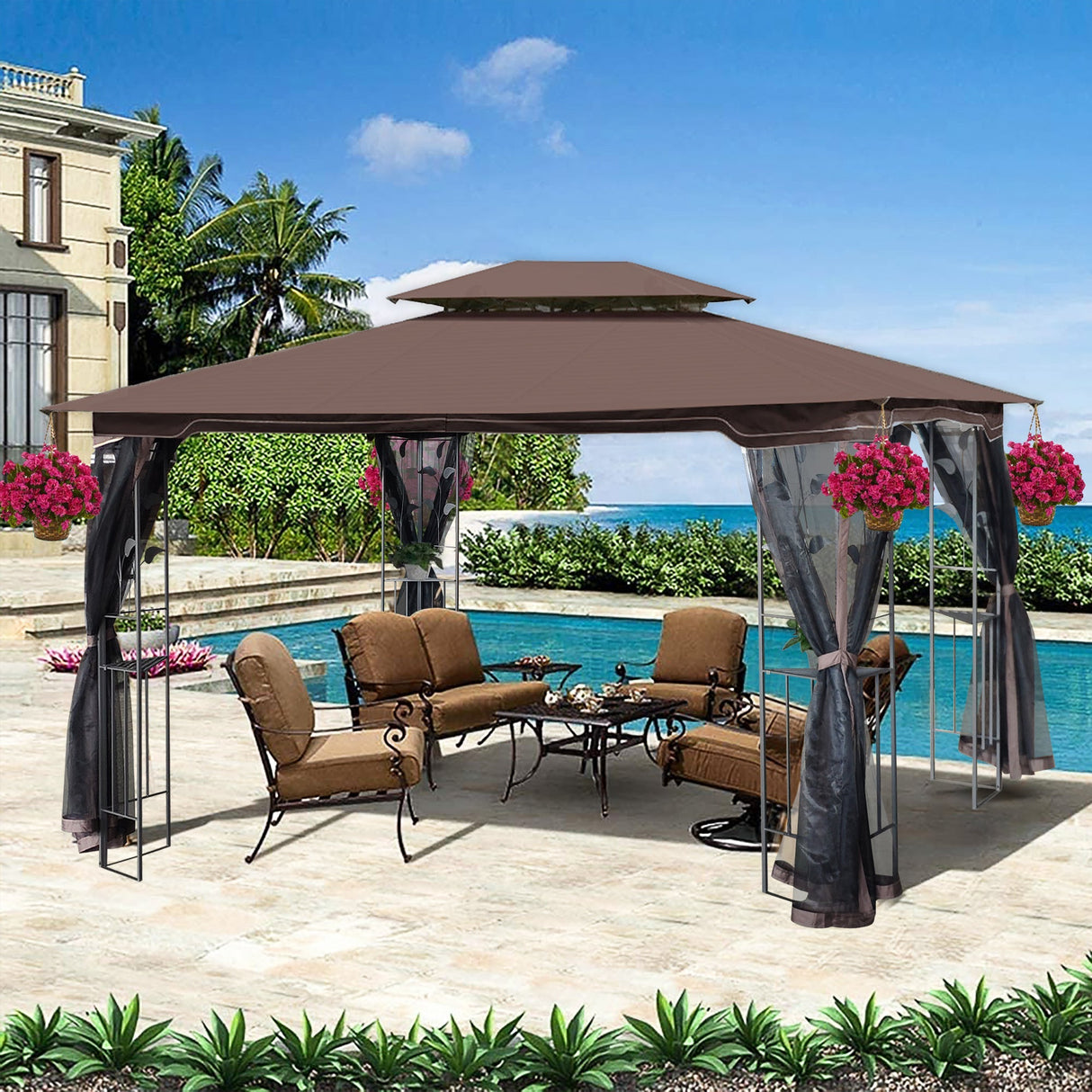 13 x 10 ft Patio Gazebo Tent with Ventilated Double Roof and Mosquito Net