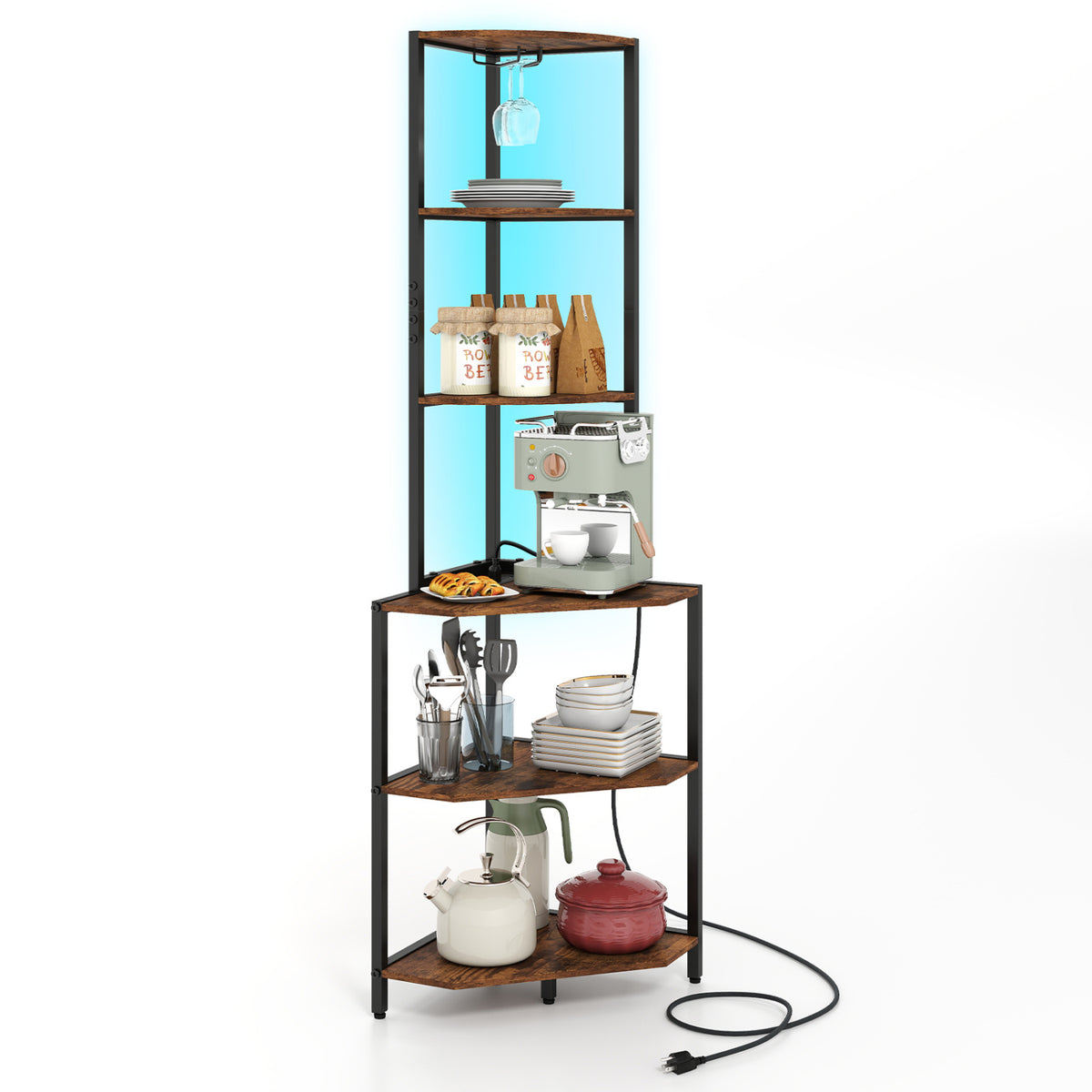 65 Inch 6-Tier Corner Shelf with Charging Station and Ambience Light-Rustic Brown