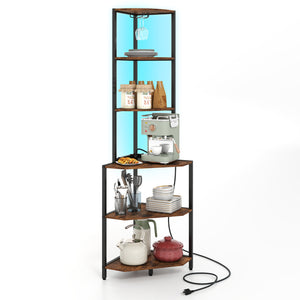 65 Inch 6-Tier Corner Shelf with Charging Station and Ambience Light-Rustic Brown