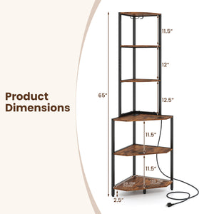 65 Inch 6-Tier Corner Shelf with Charging Station and Ambience Light-Rustic Brown
