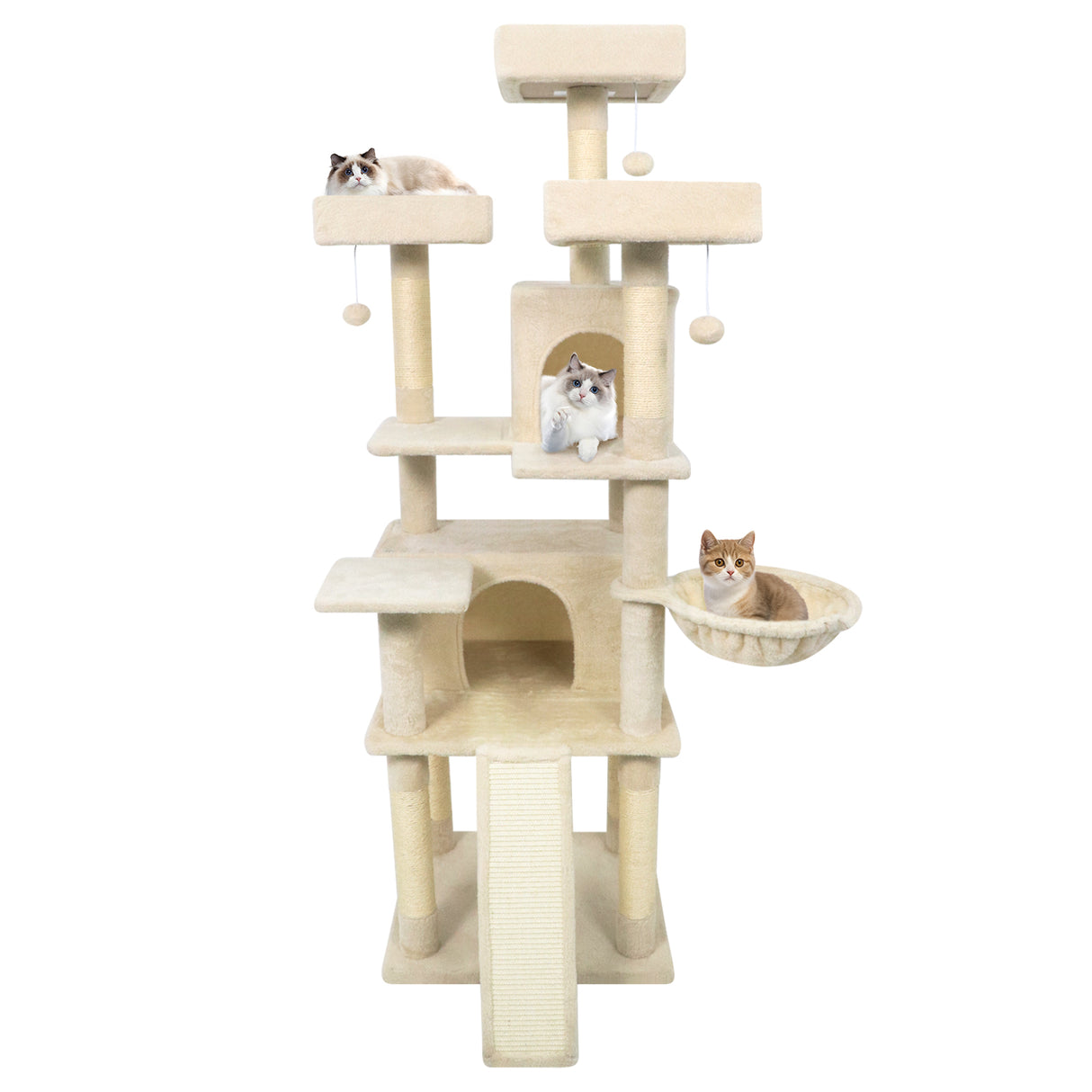 65 Inch Tall Multi-level Cat Tree with 3 Upholstered Perch and 2 Cat Condos-Beige