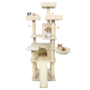 65 Inch Tall Multi-level Cat Tree with 3 Upholstered Perch and 2 Cat Condos-Beige